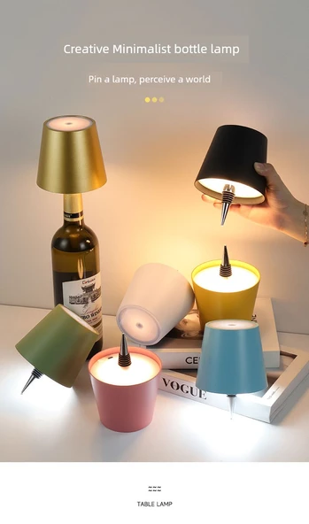 Şarap Şişesi Tasarımlı LED Masa Lambası - Siyah Alüminyum - USB Şarjlı - Dokunmatik Dimleme - TYPE C - Resim 7