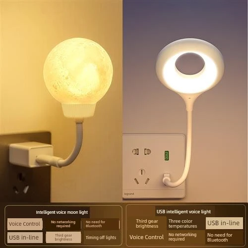 Akıllı Ses Kontrollü LED Gece Lambası - USB - Sesli Yeni Model + Üç Renkli Dimlenebilir