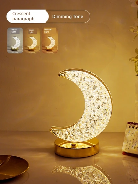 Kristal Ay Masa Lambası - Fişli, Üç Renk Ayarlı, USB Girişli