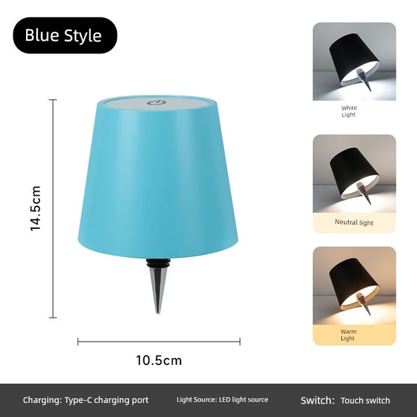 Şarap Şişesi Tasarımlı LED Masa Lambası - Mavi Demir - USB Şarjlı - Dokunmatik Dimleme - TYPE C