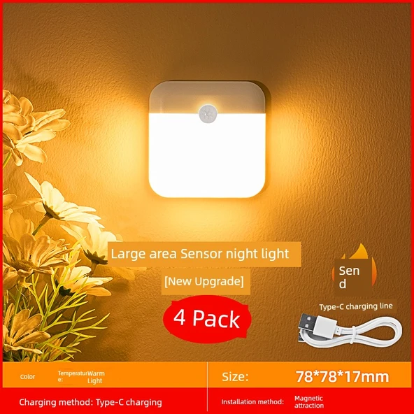Geniş Alan Işıklı LED Gece Lambası - Uzun Ömürlü, Sensörlü, Type-C Şarjlı, Yumuşak Işık, 4'lü Paket