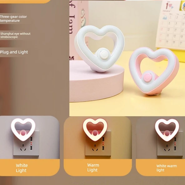 Romantik Kalp LED Gece Lambası - 3 Kademeli - Pembe+Beyaz