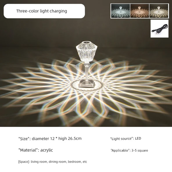 Şarjlı Kristal Lamba Lotus Elmas Başucu Lambası - Üç Renkli