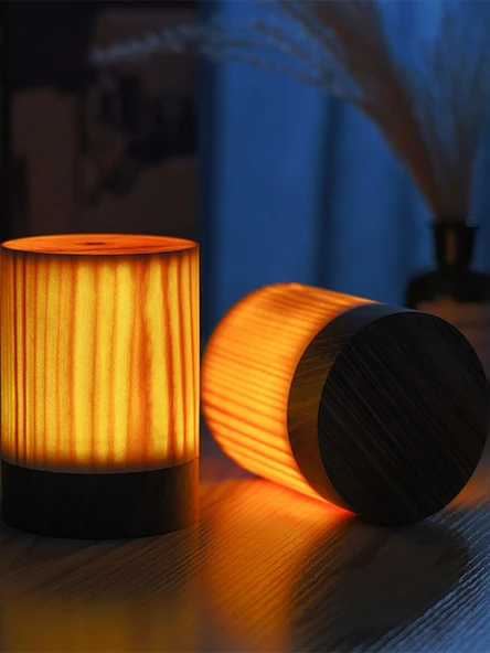 Ahşap Desenli LED Dokunmatik Şarjlı Gece Lambası - Kalın Yuvarlak - 2