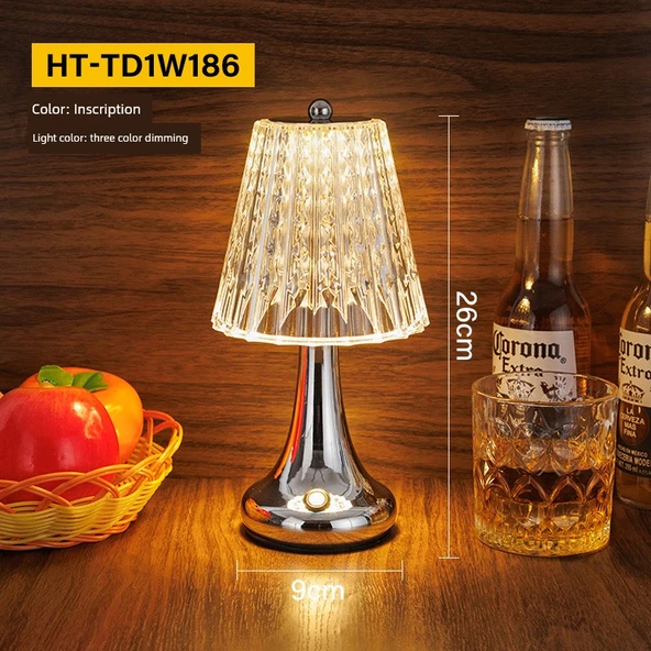 Şarj Edilebilir LED Bar Masa Lambası - Krom Kristal Şişe, 3 Renkli, Dokunmatik