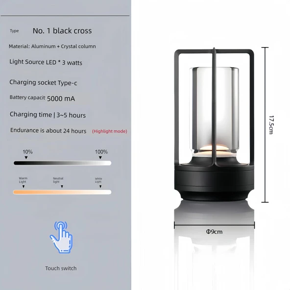 Minimalist Modern LED Masa Lambası - USB Şarjlı - Başucu Lambası - Çapraz Siyah - 5000mAh