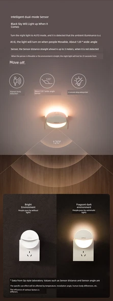 Ay Desenli LED Gece Lambası - Çift Işık Kaynağı - Işık Kontrollü + İnsan Sensörlü - 11