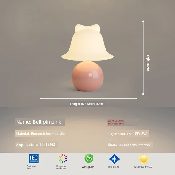 Mantar Masa Lambası - Pembe Çan - 16cm - Beyaz Işık