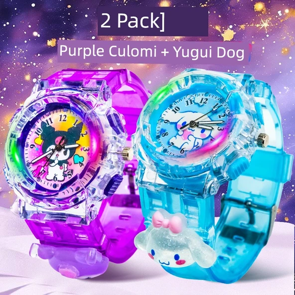Mor Kuromi ve Yugui Köpek 3D Bebek Figürlü 2'li Çocuk Saati Seti - Konforlu Silikon Kordon - Su Geçirmez