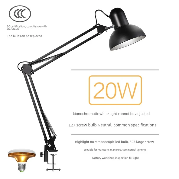 LED Klipsli Masa Lambası - Siyah Klips + 20W Beyaz LED (Yüksek Işık, Titreşimsiz)