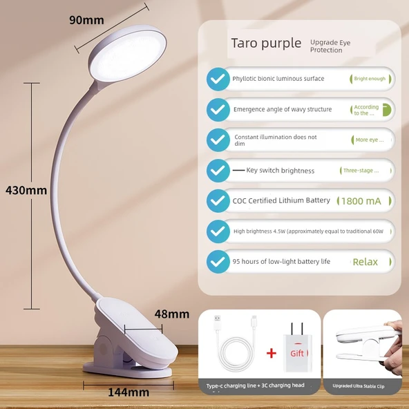 Philips Göz Koruma LED Masa Lambası - Klipsli - Dokunmatik Anahtar - Sabit Parlaklık - Mor - Şarj Başlıklı