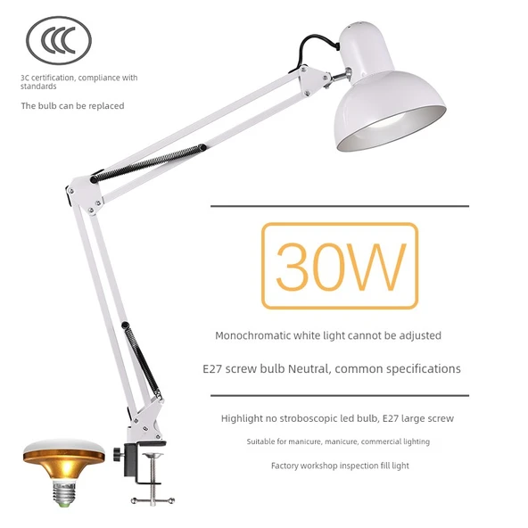 LED Klipsli Masa Lambası - Beyaz Klips + 30W Beyaz LED (Yüksek Işık, Titreşimsiz)