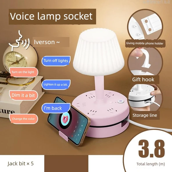 Akıllı Ses Kontrollü LED Masa Lambası F5 Pembe 5 Girişli Teleskopik 3.8m