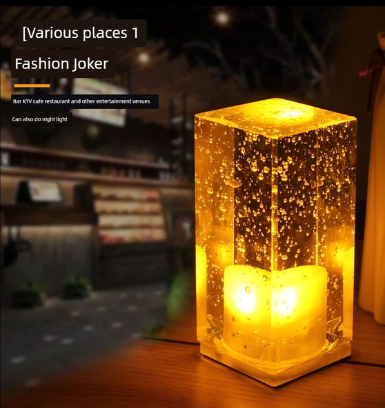 LED Şarjlı Kristal Bar Masa Lambası - Kısılabilir Anahtar - Kare Kristal + Buz Mavisi + Logolu - 5