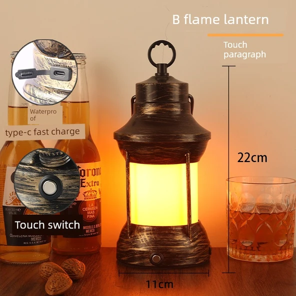 Retro Gaz Lambası Masa Lambası - Kısılabilir Anahtar, B At Feneri, Alev Işığı, Şarj Aleti