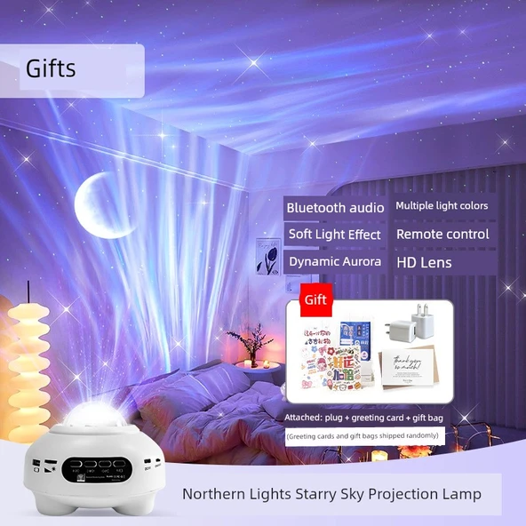 Aurora Projeksiyon Yıldız Işığı - Beyaz Kuzey Işıkları Bluetooth Ay Lamba + Fiş + Hediye Çantası + Tebrik Kartı