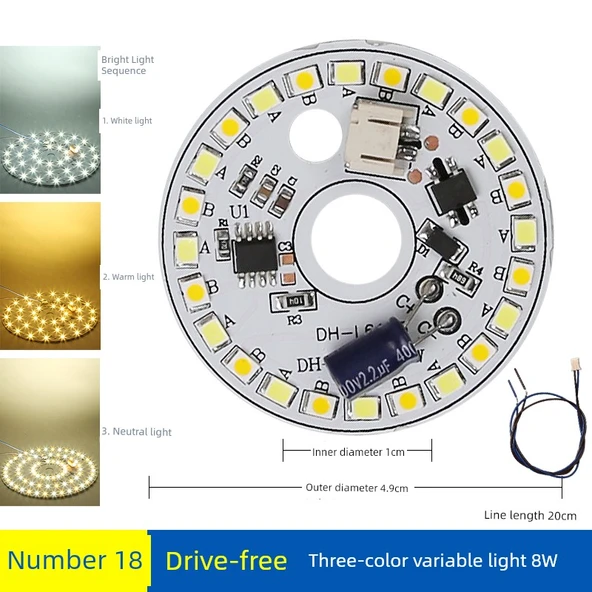 Sürücüsüz 8W 4.9cm LED Lamba Kartı - Üç Renkli Kısılabilir