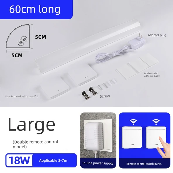LED Köşe Duvar Lambası - Büyük Sağ Açı, Çift Anahtar, 3m Kablo, 0.6m Lamba, Sıcak Beyaz