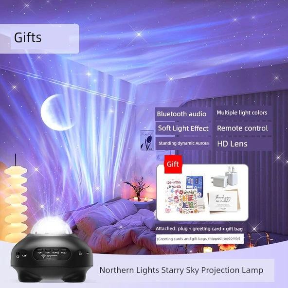 Aurora Projeksiyon Yıldız Işığı - Siyah Kuzey Işıkları Bluetooth Ay Lamba + Fiş + Hediye Çantası + Tebrik Kartı