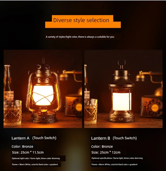 Retro Gaz Lambası Masa Lambası - Kısılabilir Anahtar, C Köşk Feneri, Üç Renk Kısma (Şarj Aleti Yok) - Resim 8