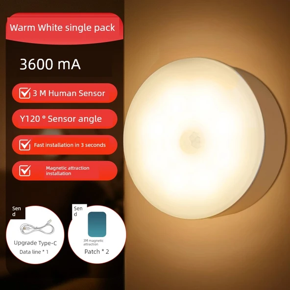 İnsan Vücudu Algılama LED Gece Lambası - Tekli Paket 3600mAh - Çift Modlu