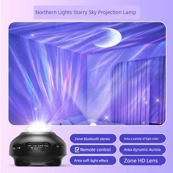 Aurora Projeksiyon Yıldız Işığı - Siyah Kuzey Işıkları Bluetooth Ay Lamba
