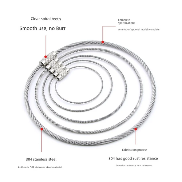 304 Paslanmaz Çelik Halat Anahtarlık - 10cm Çap [5 Adet] (2.0mm Genişleme 30cm) - Resim 2