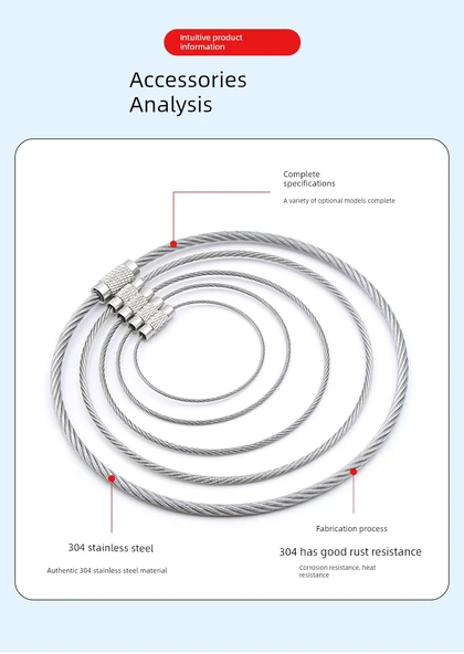304 Paslanmaz Çelik Halat Anahtarlık - 10cm Çap [5 Adet] (2.0mm Genişleme 30cm) - Resim 7