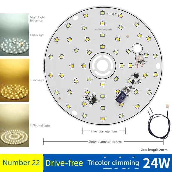 Sürücüsüz 24W 13.6cm LED Lamba Kartı - Üç Renkli Kısılabilir