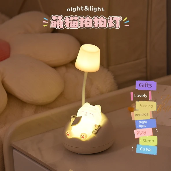 Bebek Besleme Göz Koruma Gece Lambası - Sarı Uyuyan Kedi + USB - Resim 3