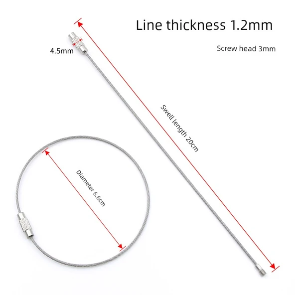 304 Paslanmaz Çelik Halat Anahtarlık - 6.6cm Çap [5 Adet] (1.2mm Yayılmış 20cm)