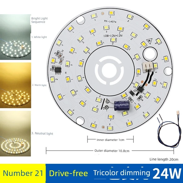 Sürücüsüz 24W 10.8cm LED Lamba Kartı - Üç Renkli Kısılabilir