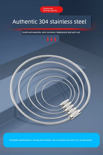 304 Paslanmaz Çelik Halat Anahtarlık - 10cm Çap [5 Adet] (2.0mm Genişleme 30cm) - Resim 6