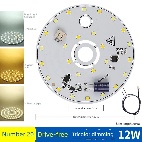 Sürücüsüz 12W 8.2cm LED Lamba Kartı - Üç Renkli Kısılabilir