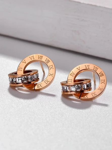Çift Halkalı Elmas Küpe - 18K Rose Altın Kaplama - Rose Altın - 4