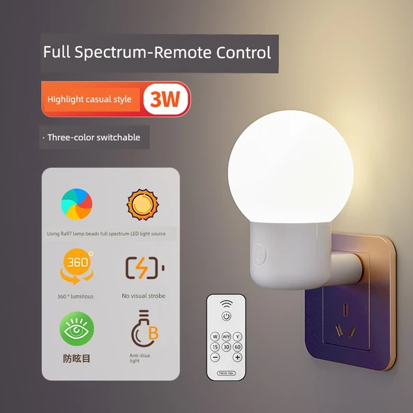 Enerji Tasarruflu LED Gece Lambası - Uzaktan Kumandalı 3W - Parlak Tam Spektrum Göz Koruma - 3 Renk Kademesiz Dimleme