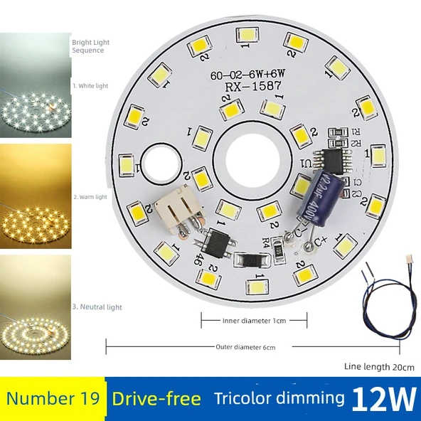 Sürücüsüz 12W 6cm LED Lamba Kartı - Üç Renkli Kısılabilir
