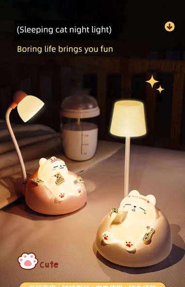 Bebek Besleme Göz Koruma Gece Lambası - Pembe Uyuyan Kedi + USB - 8