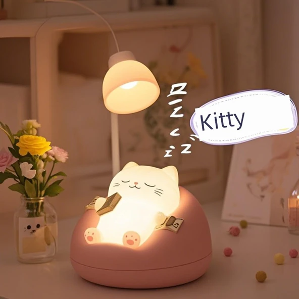 Bebek Besleme Göz Koruma Gece Lambası - Sarı Uyuyan Kedi + USB - Resim 2