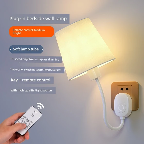 LED Ayarlanabilir Parlaklık Kablosuz Priz Başucu Lambası - Uzaktan Kumandalı Parlak (Yumuşak Tüp/Entegre Işık Kaynağı/3 Renkli/10 Kademe Parlaklık)