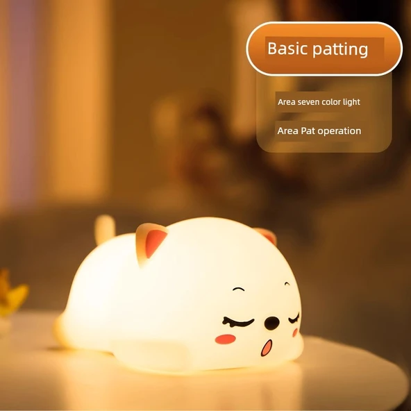 Şarj Edilebilir LED Gece Lambası - Mırıldayan Kedi - 2 Kademeli Parlaklık