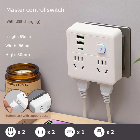 Akıllı Ses Kontrollü LED Gece Lambası - 14 Delikli Beyaz Ana Kontrol Anahtarlı 2 USB/1 Type-C
