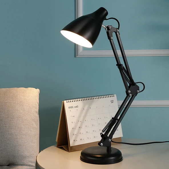 LED Uzun Kol Kelepçeli Masa Lambası - 820 Siyah + Baz Klipsli + 12W Sıcak LED