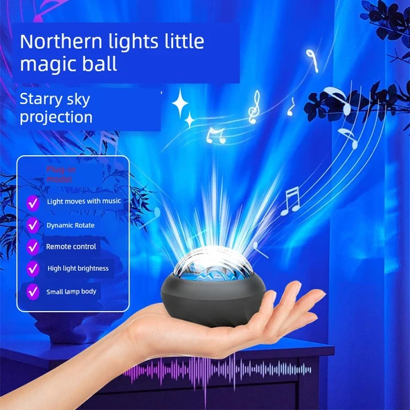 Su Dalgalı Yıldızlı Gökyüzü Projektör Gece Lambası - Klasik Siyah - Doğa Sesli, Bluetooth Hoparlörlü, Kuzey Işıkları ve Ay Yıldız Projeksiyonlu