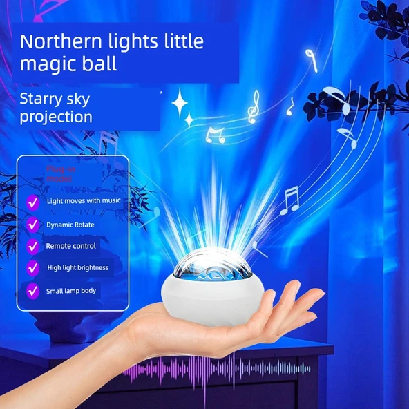 Su Dalgalı Yıldızlı Gökyüzü Projektör Gece Lambası - Ay Işığı Beyazı - Doğa Sesli, Bluetooth Hoparlörlü, Kuzey Işıkları ve Ay Yıldız Projeksiyonlu