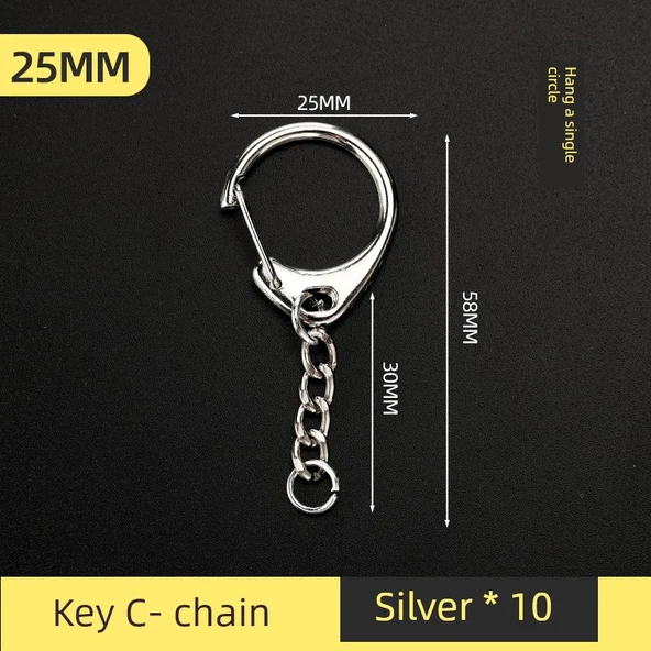 DIY Metal Anahtarlık Ucu - 25mm Gümüş D-Zincir Tek Döngülü [10 Adet] - 1