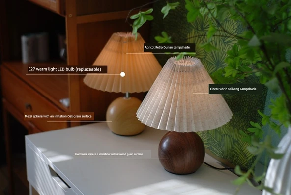 Vintage Pileli Abajur - Ceviz Kayısı Abajurlu, USB Dokunmatik, 5W Sıcak LED - 10