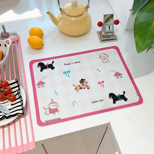 Sevimli Su Emici Hızlı Kuruyan Diatomit Bardak Altlığı - Pudra Kutulu Dachshund-Kare
