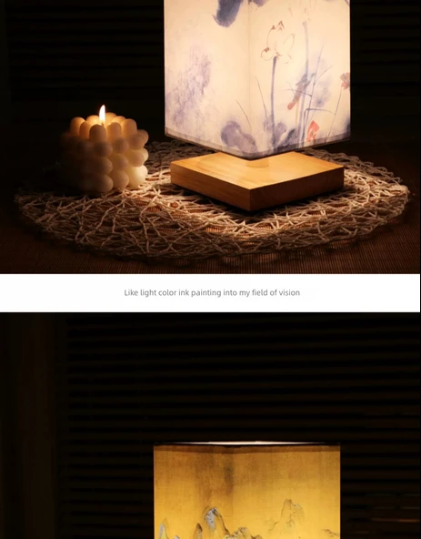 Çin Tarzı Ahşap Abajur - Düğmeli - Lotus Pond Clear 3W LED - 9