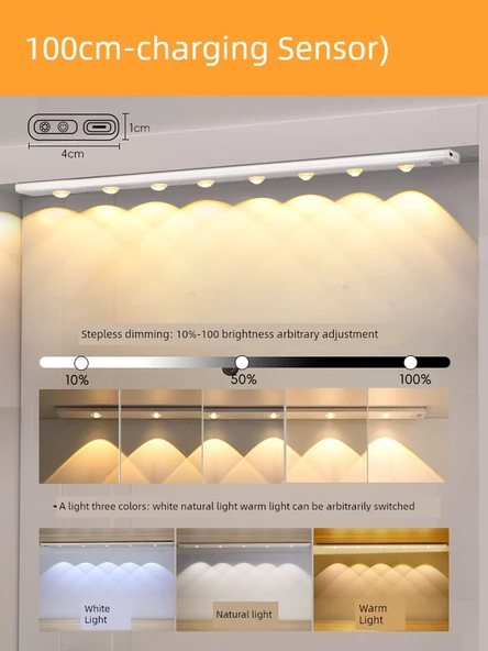 LED İnsan Vücudu Algılama Lambası - 100cm - USB Şarjlı - Üç Renk Kademesiz Dimleme
